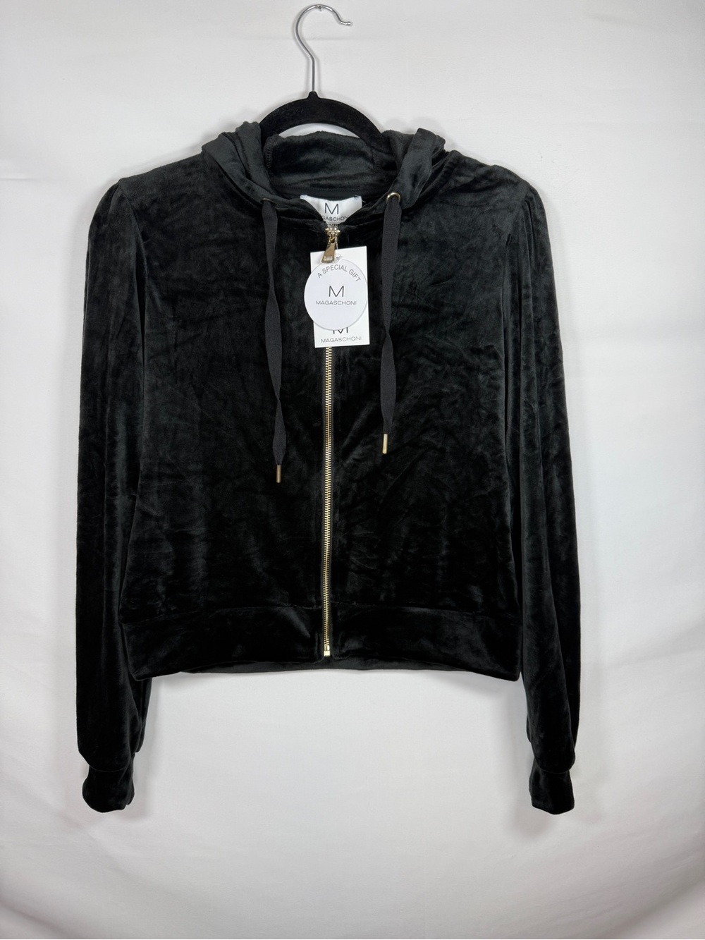 Magaschoni Women's Velour Full Zip Hoodie Jacket Black XS NWT Velvety Gold Hardw